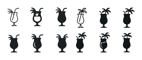 Tropical cocktail icons silhouettes with straw and garnish set on white background