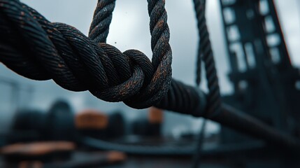 A close-up of a thick, dark rope with a knot in the middle.