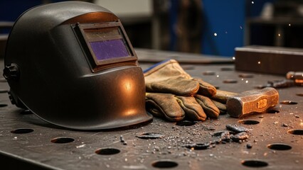 Welding helmet and gloves on a metal table, sparks flying, industry.