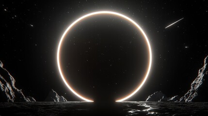 A black and white image of a planet with a ring around it.