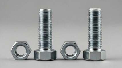 Close-up of two bolts and nuts, metallic hardware, fasteners.