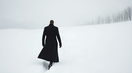 A lone figure, back turned, walks through a snow-laden field, wearing a long, dark coat against the backdrop of a winter sky. The minimalist scene exudes solitude and mystery.