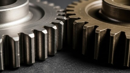 Close-up of two interlocking metal gears, mechanical engineering concept.