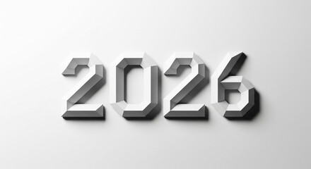 Striking three dimensional white typography rendering the year 2026 with strong geometric facets and subtle shadow detail