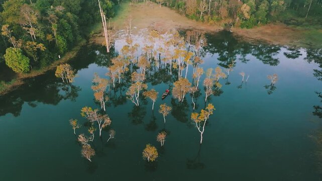 4K Aerial View Of Boat Rowing Through Misty Submerged Forest in Suoi Tia Tuyen Lam lake, Dalat Vietnam
Early morning mist, an ethereal, fairyland atmosphere. Calm waters reflecting unique flood forest