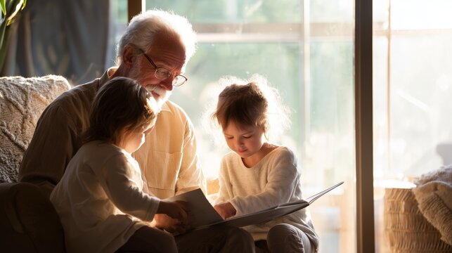 Grandfather reads storybook with grandchildren in a cozy living room during afternoon light - Powered by Adobe