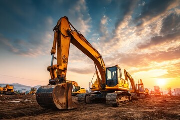 Yellow Excavator loader machine at the construction site. Industry mining banner. Industrial background with technique, sunlight. Crawler in the coal mine, loads the breed. Mining truck machinery.
