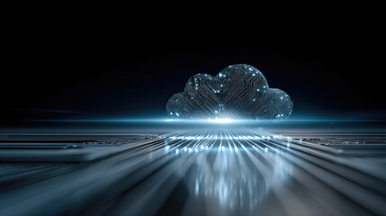 Cloud circuit board digital technology concept, glowing futuristic cloud shape with electronic pattern, innovation and connectivity