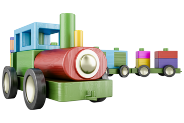 Wooden toy train, transparent background