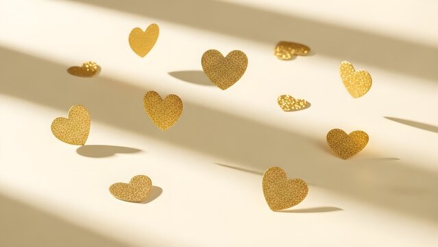 Delicate golden heart cutouts playfully scattered on a light, textured surface bathed in soft sunlight and intricate shadows, symbolizing love and joy