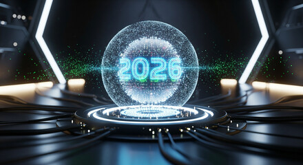 Futuristic digital sphere displaying the year 2026 glows brightly on a hightech platform surrounded by dark cables and neon accents