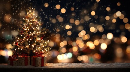Christmas tree with twinkling lights, a gift box, and warm holiday atmosphere, perfect for seasonal marketing, greeting cards, and social media. High quality