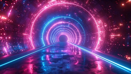 Luminous tunnel with neon rings of magenta and cyan, reflecting on floor with digital-looking particles throughout