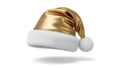 A luxurious golden Santa hat with a soft white fluffy brim and a matching pom-pom, floating against a clean white background, perfect for festive holiday celebrations.