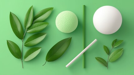 A collection of green leaves and a white ball, arranged in a visually appealing manner.