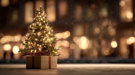 Christmas tree with twinkling lights, a gift box, and warm holiday atmosphere, perfect for seasonal marketing, greeting cards, and social media. High quality