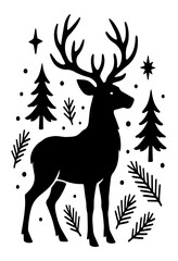 The black and white silhouette of a burun deer with horns is a symbol of strength and seasonal mood. Suitable for packaging, decoration and Christmas motifs (without direct repetition of the tree) EPS