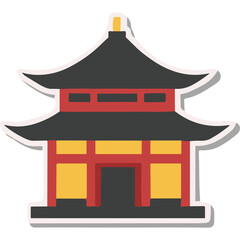 Obraz premium Traditional East Asian Pagoda Building With Red Accents And Yellow Walls Under A Dark Gray Roof Isolated On White Background