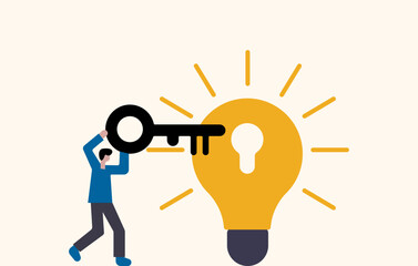 Man carrying key to unlock idea illustration