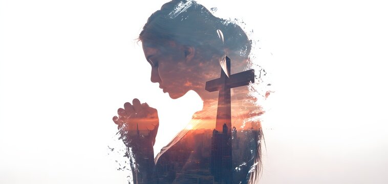 Woman praying with cross silhouette and warm sunset light symbolizing faith and devotion