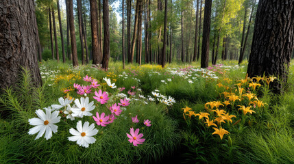 Fototapeta premium Dense forest clearing with wildflowers, tall trees, green grass, sunlight, and vibrant colors create peaceful natural scene
