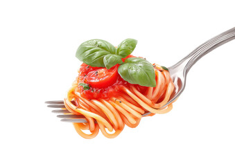 Delicious spaghetti pasta twirled on a silver fork with fresh tomato sauce and basil leaves isolated on transparent background