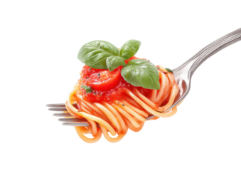 Delicious spaghetti pasta twirled on a silver fork with fresh tomato sauce and basil leaves isolated on transparent background
