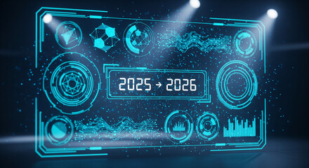 Futuristic holographic interface displaying a digital transition from 2025 to 2026 with glowing blue data visualizations and abstract geometric shapes
