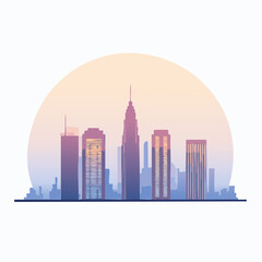 Obraz premium Cityscape illustration of skyscrapers with vibrant office buildings against a pastel sunset background