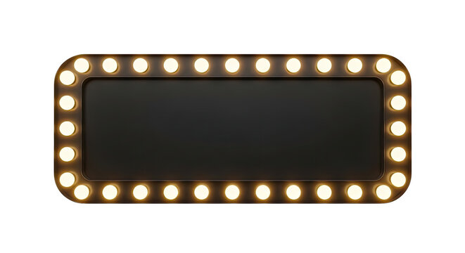 Illuminated Sign: A vintage-style sign with radiant light bulbs borders a dark, empty space, exuding a sense of anticipation and excitement. 