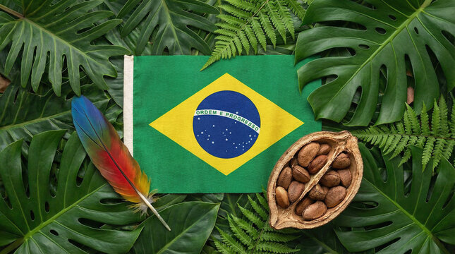 Brazil flag flatlay with green foliage and items representing Brazilian culture