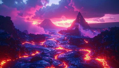 Molten lava flows, meeting a cloudy shoreline, beneath a pink and purple dusk sky with distant peaks