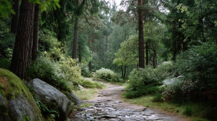 Obraz premium Unique, lesser known, hidden places that exude beauty. A stone path leads through the forest, with tall trees and lush foliage on both sides, highlight the natural beauty of the landscape. 
