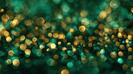 Emerald green and golden blurred lights creating festive bokeh pattern celebrating Irish holiday spirit with shimmering elegance. High quality
