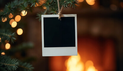Blank black polaroid hanging on Christmas tree with fireplace background