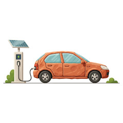 Orange electric car charging at a solar-powered station in a stylized setting