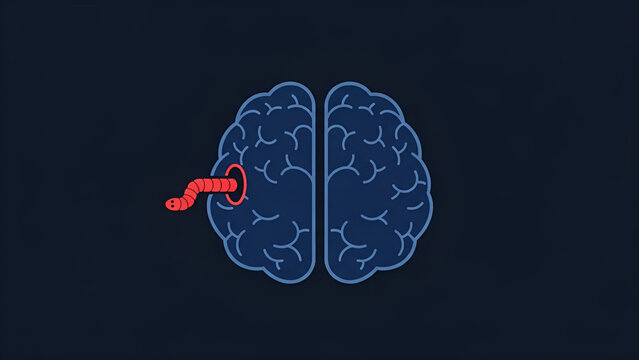 Red worm crawling into a blue brain symbolizing a mental health problem.