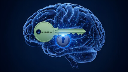 Futuristic digital brain being unlocked by a 'Jailbreak' key visualization.