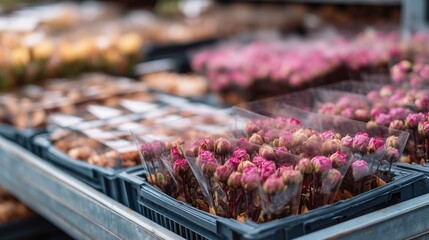 Flowers for sale at a market stand with dried roses in clear packaging