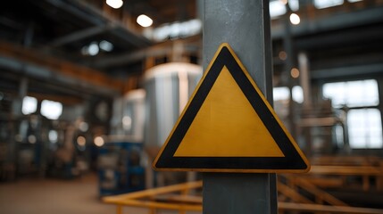A yellow triangular warning sign on a pole in a blurred industrial factory background
