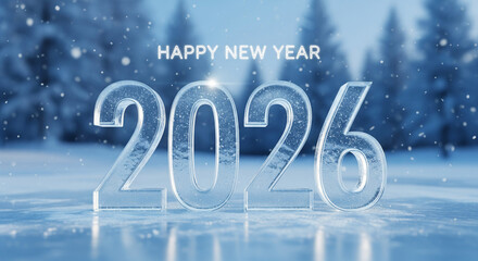Sparkling ice numbers displaying the year 2026 with glowing happy new year text against a snowy winter forest background