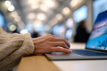 Customer examining a laptop in a store. Close-up of a woman's hand on the trackpad. Modern technology and retail concept