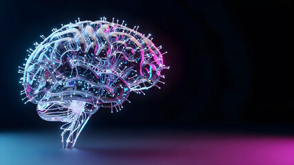 AI人工知能の脳と光るシナプスが繋がる近未来デジタルネットワークの背景素材（3Dレンダリング・コピースペース）