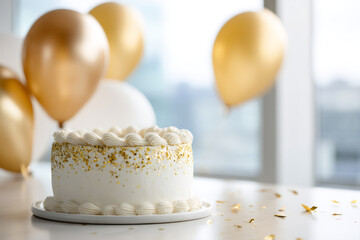 White birthday cake with gold glitter and frosting. Festive party celebration background with balloons. Copy space for text