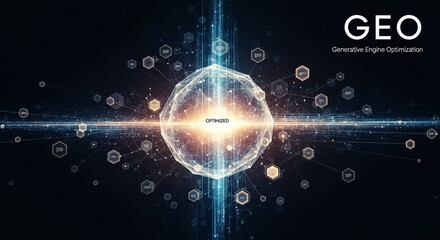Optimized Generative Engine Technology Concept with Glowing Sphere and Hexagonal Network Elements