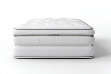 Mattress against white background. Memory foam mattress. Close up white orthopedic mattress corner, copy space for text. Hypoallergenic bed base for proper spinal alignment and pressure point relief.