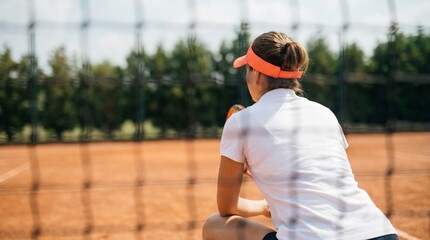 Female tennis player in a visor and white polo watches opponent across the net on a sunny outdoor clay court, focused and ready during practice or competition