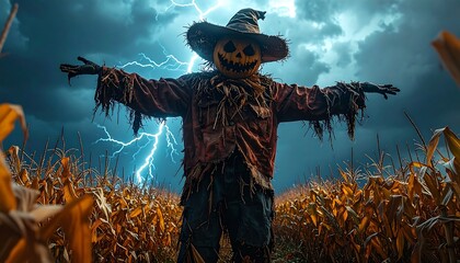 Scarecrow with pumpkin head in cornfield, amidst a stormy sky with lightning strikes during a spooky night