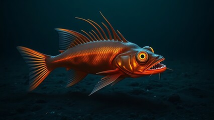 Fototapeta premium An otherworldly fish with glowing lures walking on a dark seafloor, evoking deep-sea mystery.