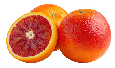 Three vibrant blood oranges with one cut in half revealing red flesh isolated on transparent background